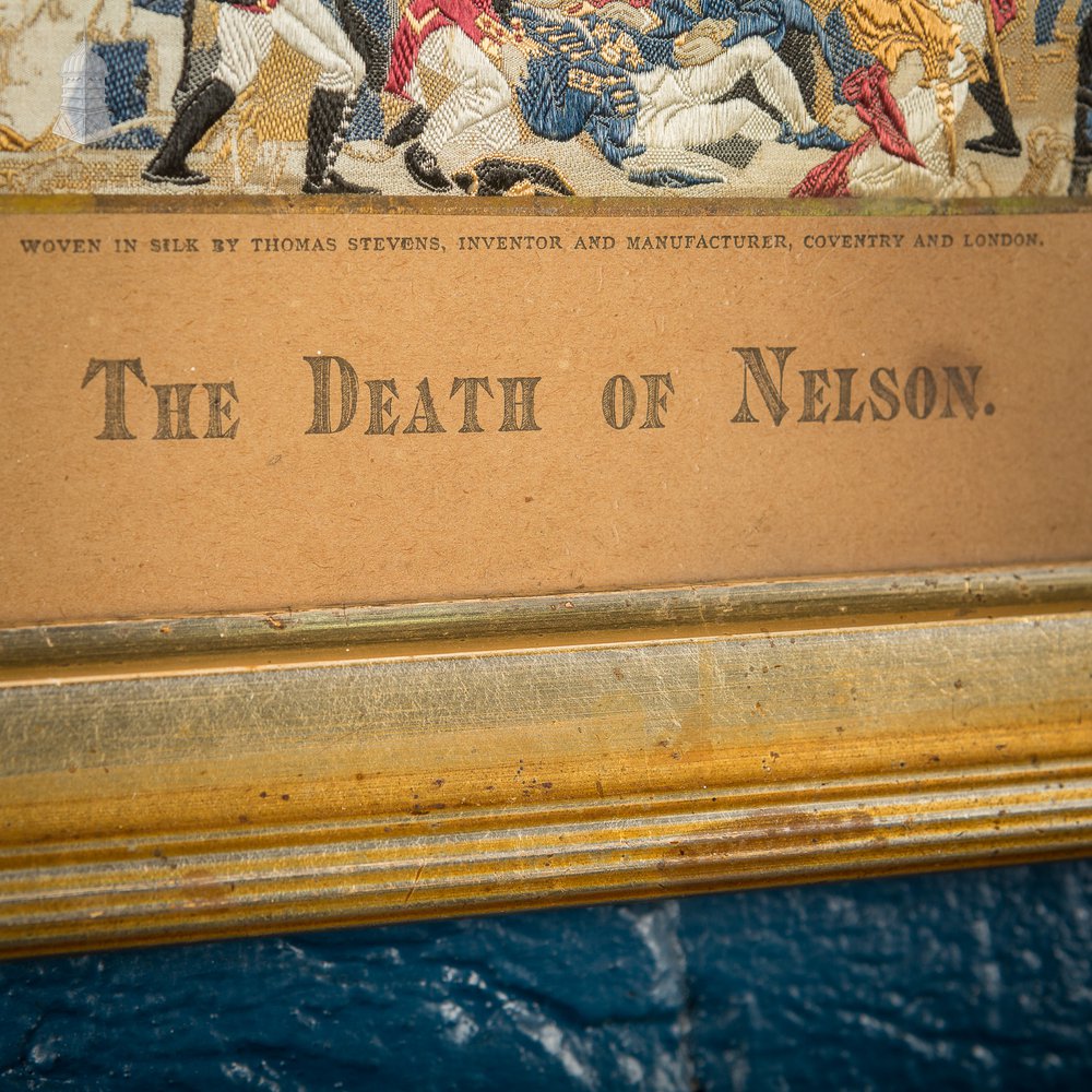 19th C Woven Silk 'Stevengraph' Wellington & Blucher Battle Scence, The Death of Nelson