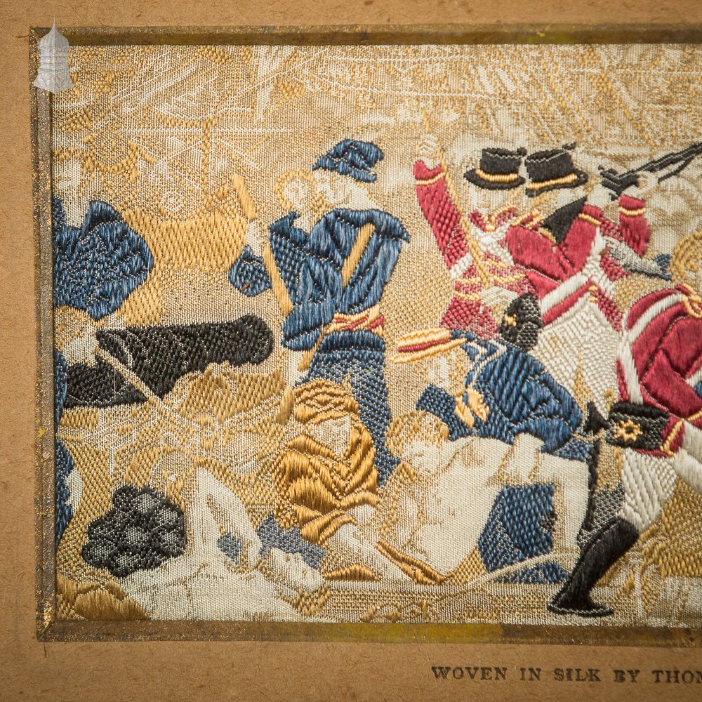 19th C Woven Silk 'Stevengraph' Wellington & Blucher Battle Scence, The Death of Nelson