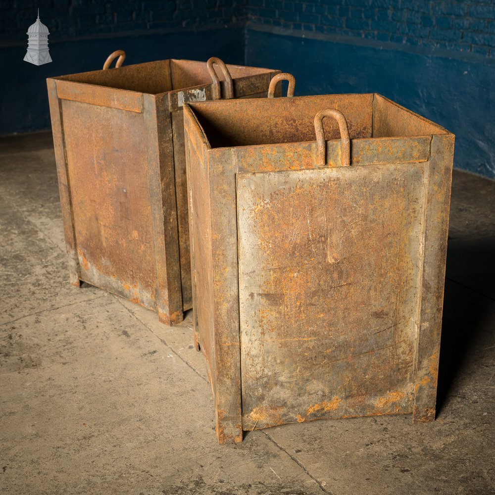 Pair of Vintage Heavy Duty Industrial Steel Workshop Bins Planters