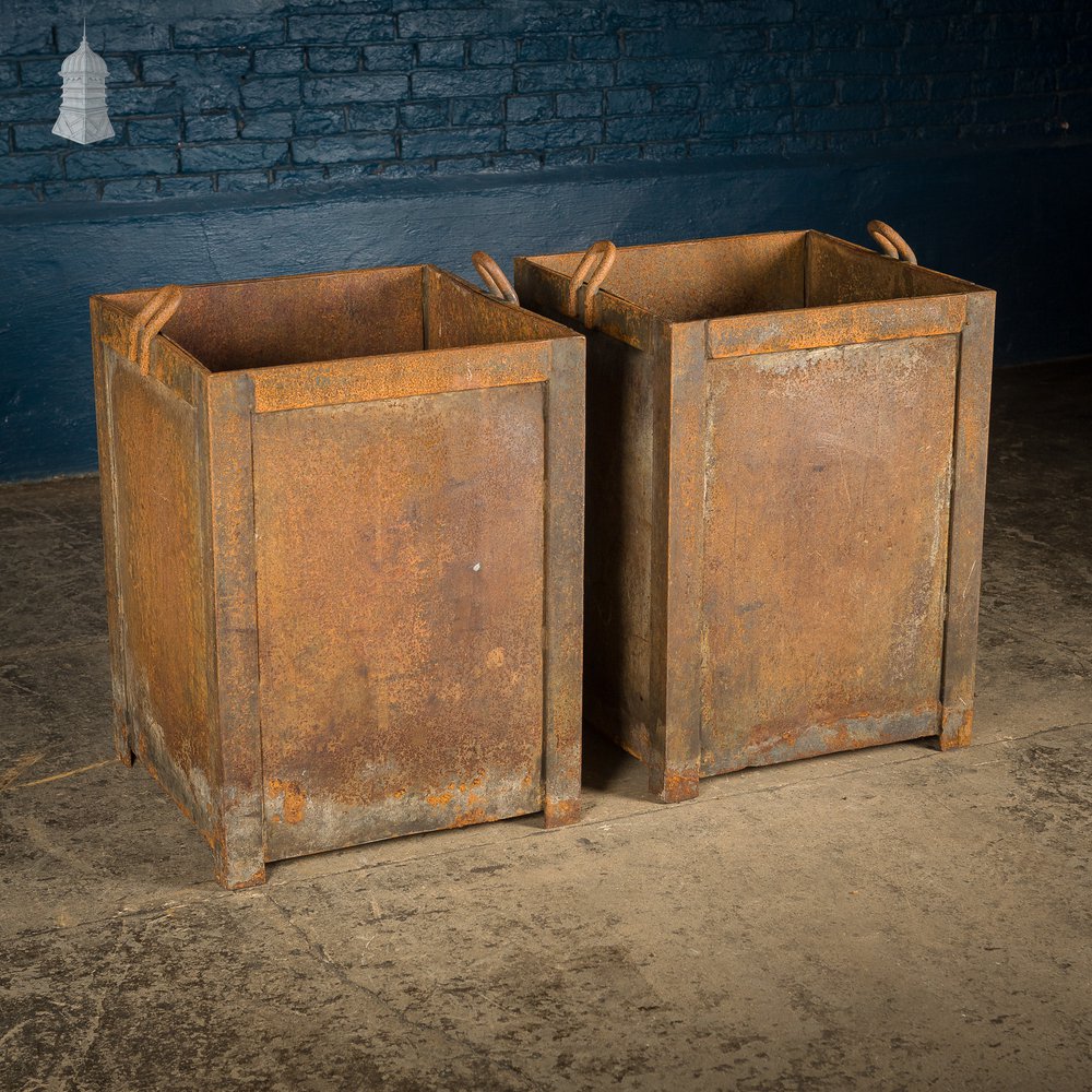 Pair of Vintage Heavy Duty Industrial Steel Workshop Bins Planters