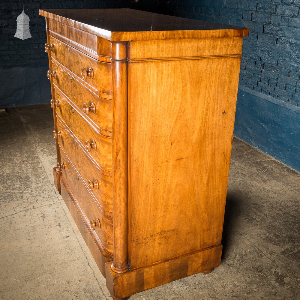 19th C Impressive Bow Fronted Flanked Column Mahogany Chest of Drawers