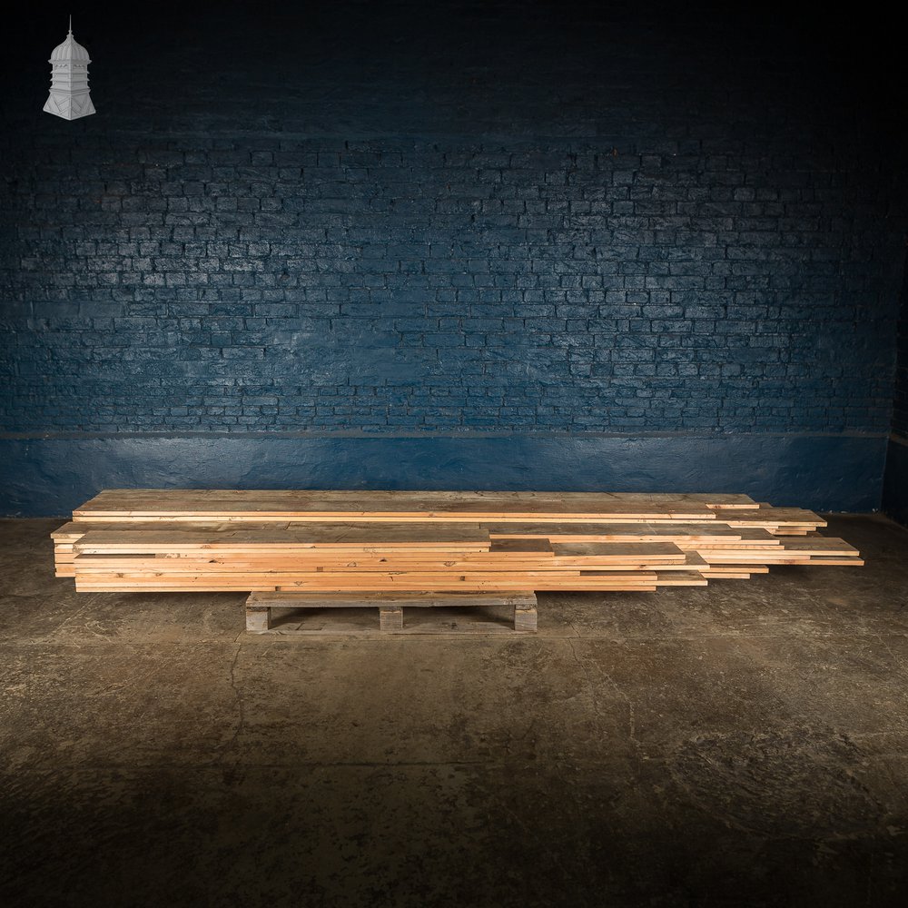 Batch of 23 Square Metres of 8" Wide Oxidized Pine Floorboards Cut from Floor Joists Salvaged From Norwich Castle