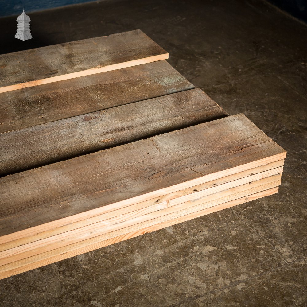 Batch of 15 Square Metres of 8.5" Wide Oxidized Pine Floorboards Cut Cut from Floor Joists Salvaged From Norwich Castle