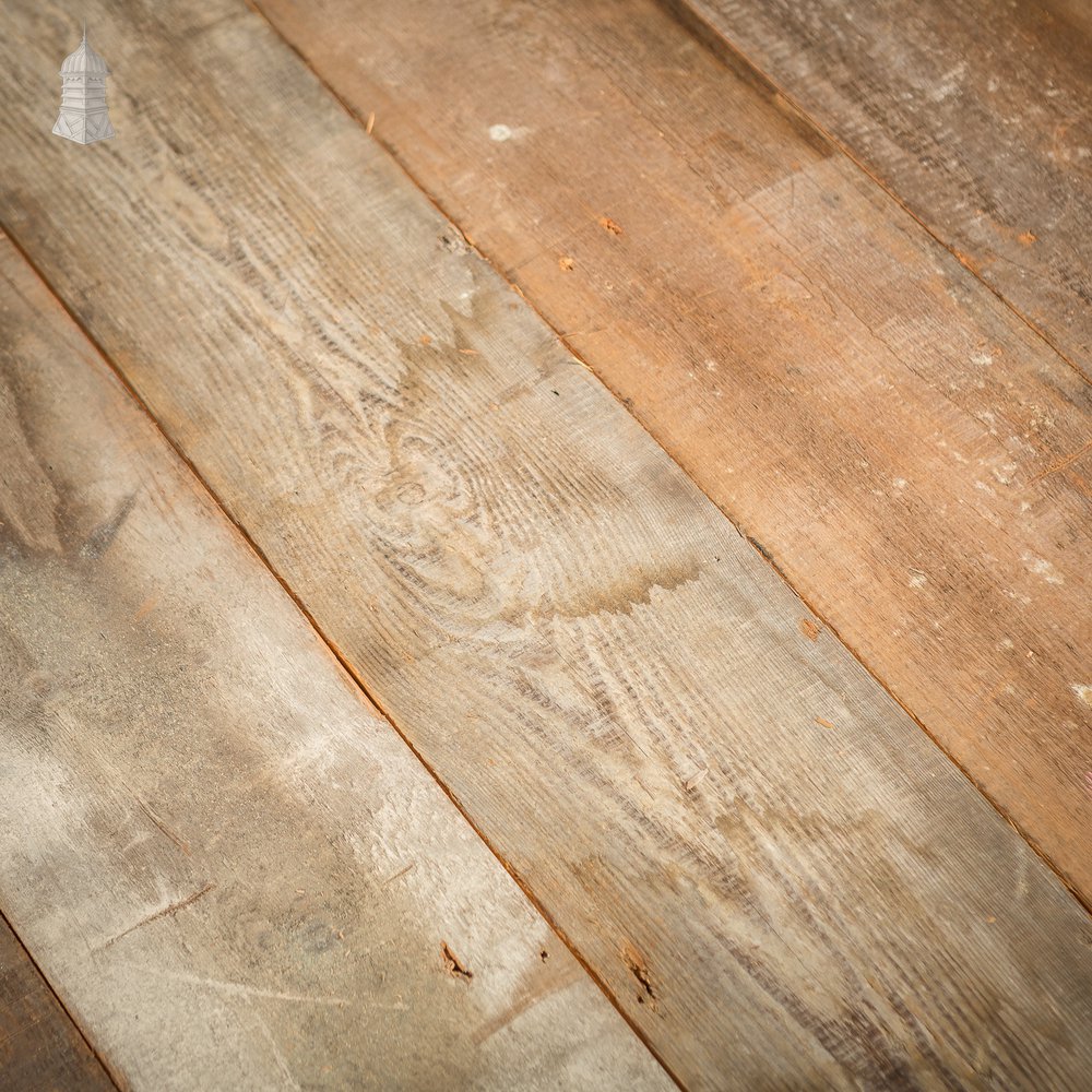 Batch of 15 Square Metres of 8.5" Wide Oxidized Pine Floorboards Cut Cut from Floor Joists Salvaged From Norwich Castle