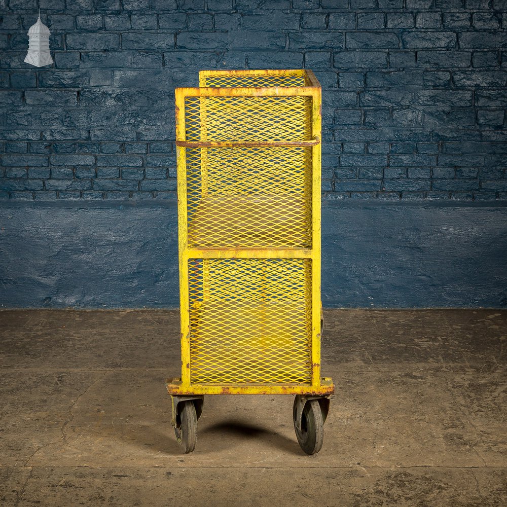 Vintage Yellow Painted Steel Industrial Wheeled Trolley Shelving Unit