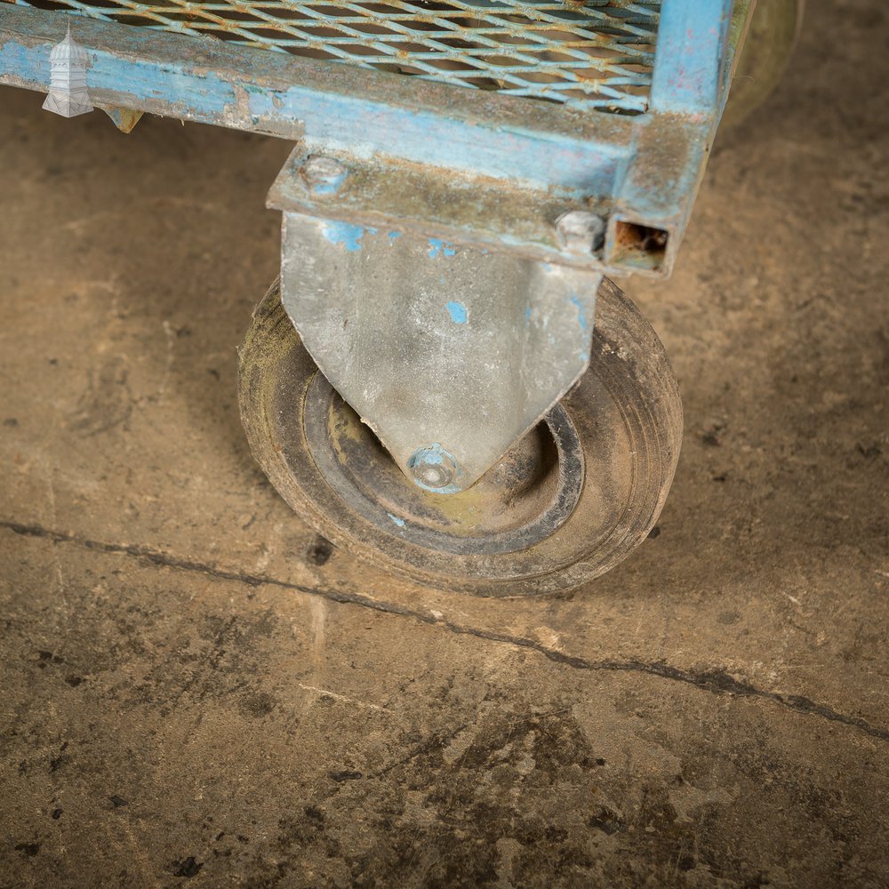 Vintage Blue Painted Steel Industrial Wheeled Trolley Shelving Unit