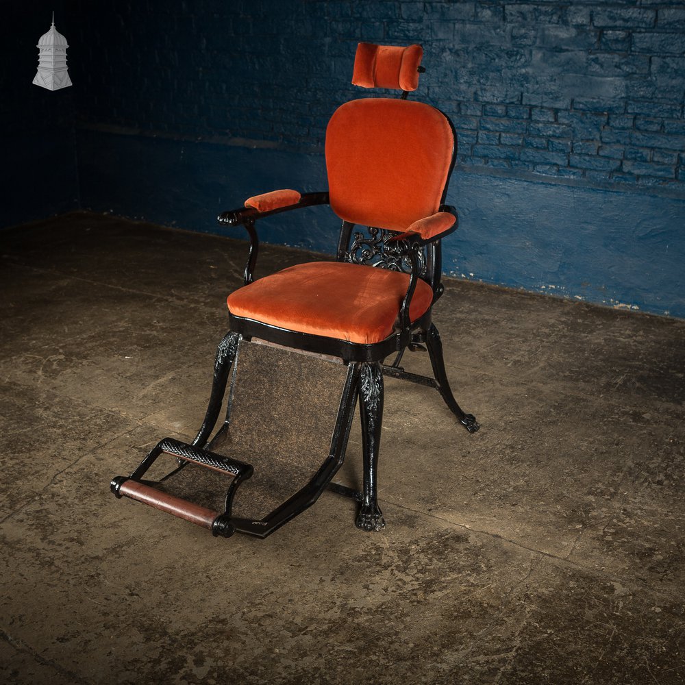 19th C Cast Iron Reclining Barbers Chair with Removable Head Rest