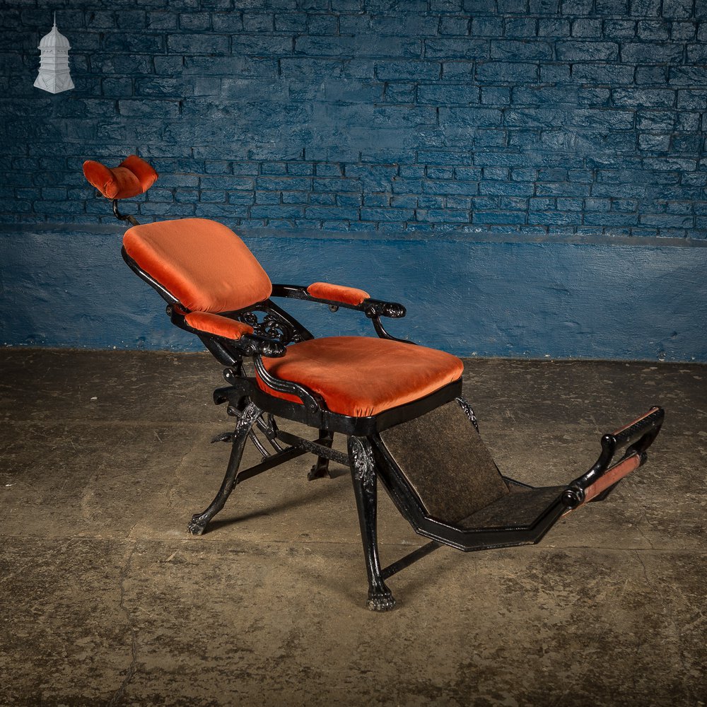 19th C Cast Iron Reclining Barbers Chair with Removable Head Rest