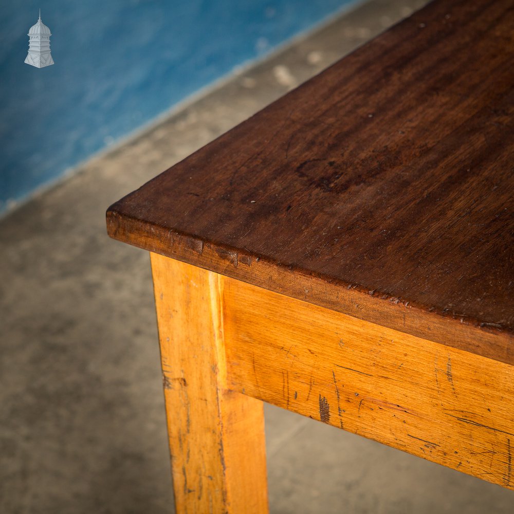 Oak and Iroko Mid Century School Science Lab Bench Table With 3 Drawers