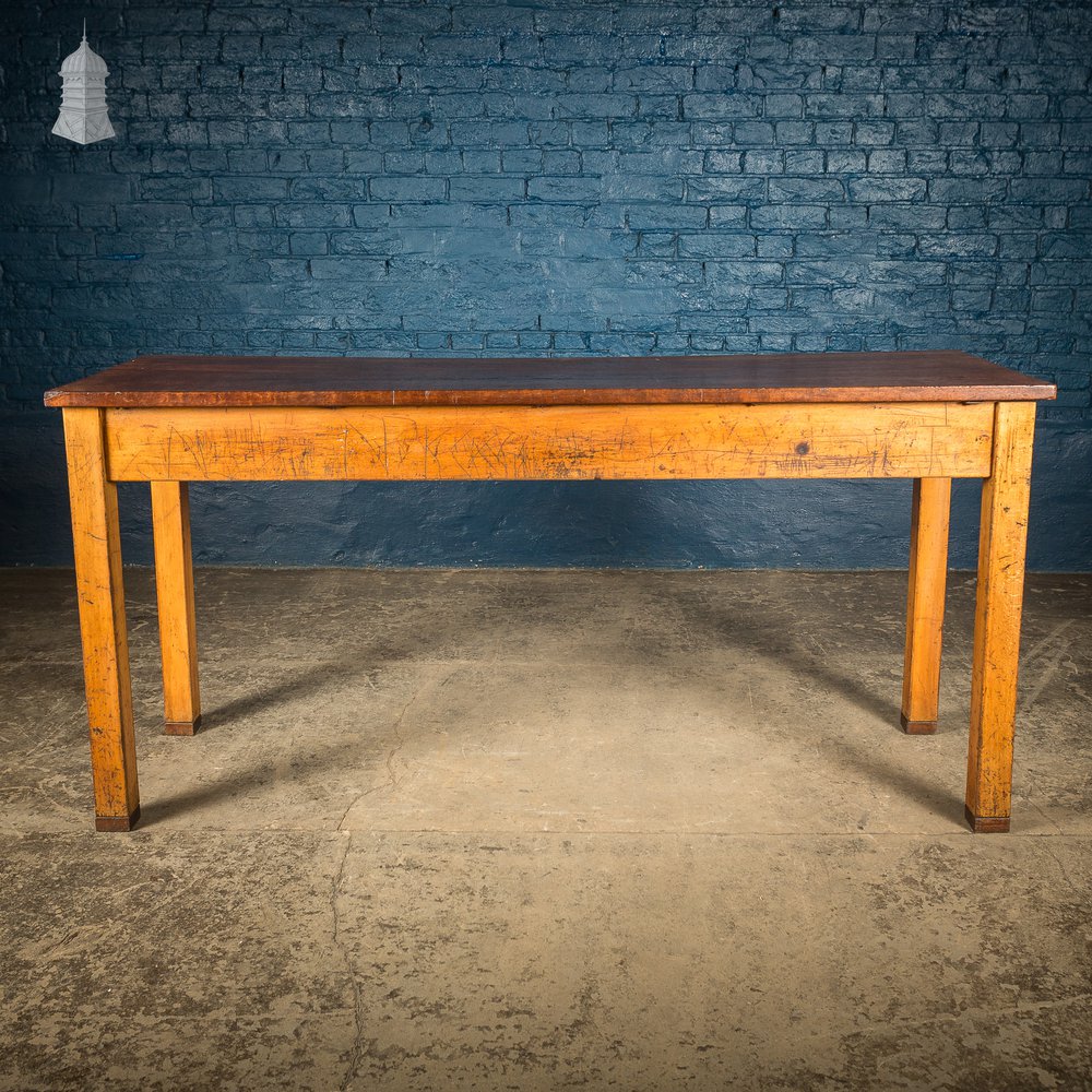 Oak and Iroko Mid Century School Science Lab Bench Table With 3 Drawers