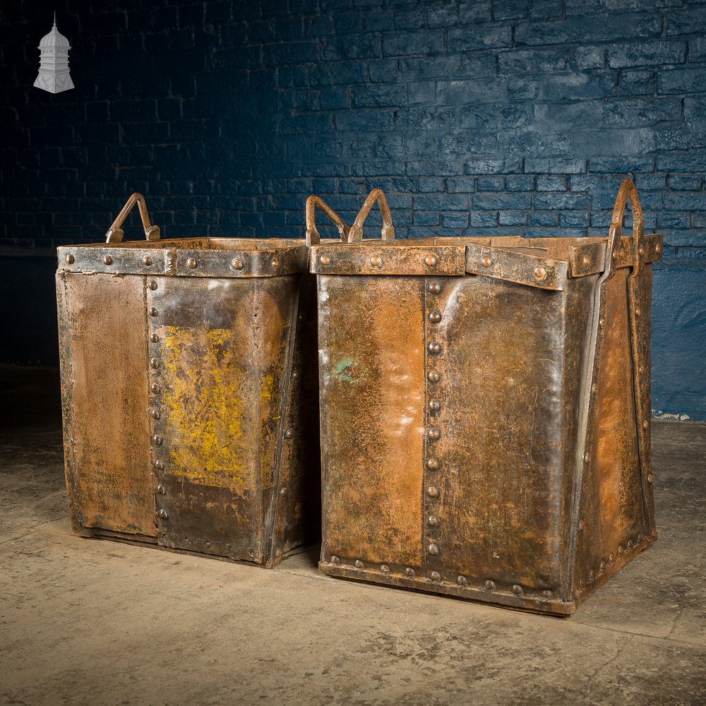 Pair of Riveted Steel Industrial Storage Bins with Waxed Finish