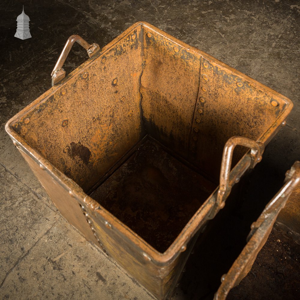 Pair of Riveted Steel Industrial Storage Bins with Waxed Finish