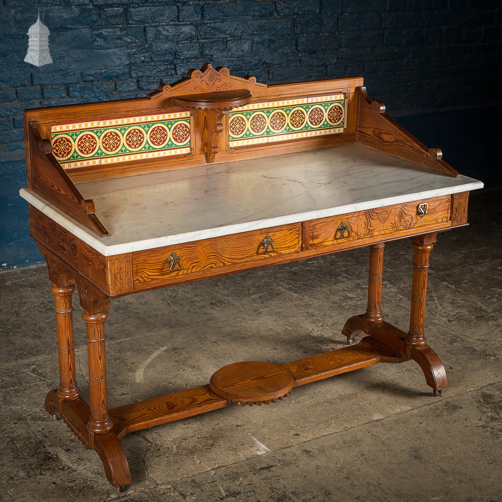 Aesthetic Movement Pitch Pine Marble Topped Wash Stand