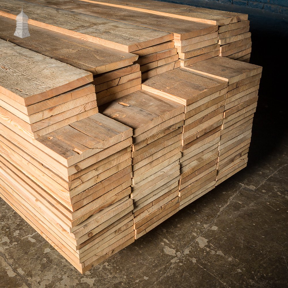 Batch of 74 Square Metres of Oxidised Face Pine Floorboards Cut from Floor Joists Salvaged from Norwich Castle