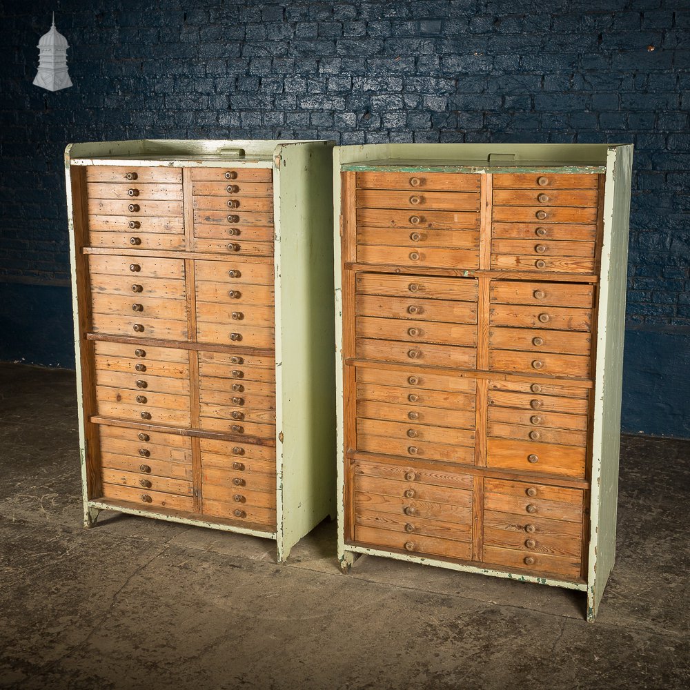 Pair of 19th C Pine Specimen Drawer Banks with Distressed Green Painted Finish