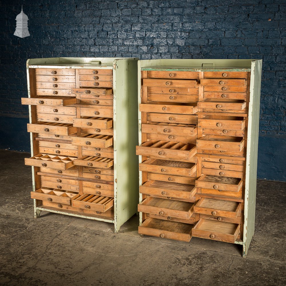 Pair of 19th C Pine Specimen Drawer Banks with Distressed Green Painted Finish