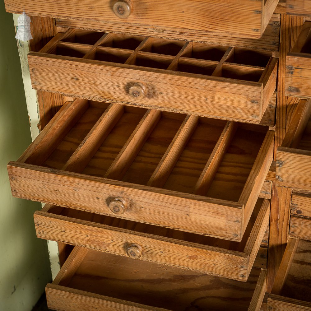 Pair of 19th C Pine Specimen Drawer Banks with Distressed Green Painted Finish