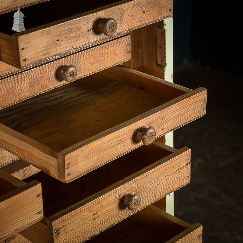 Pair of 19th C Pine Specimen Drawer Banks with Distressed Green Painted Finish