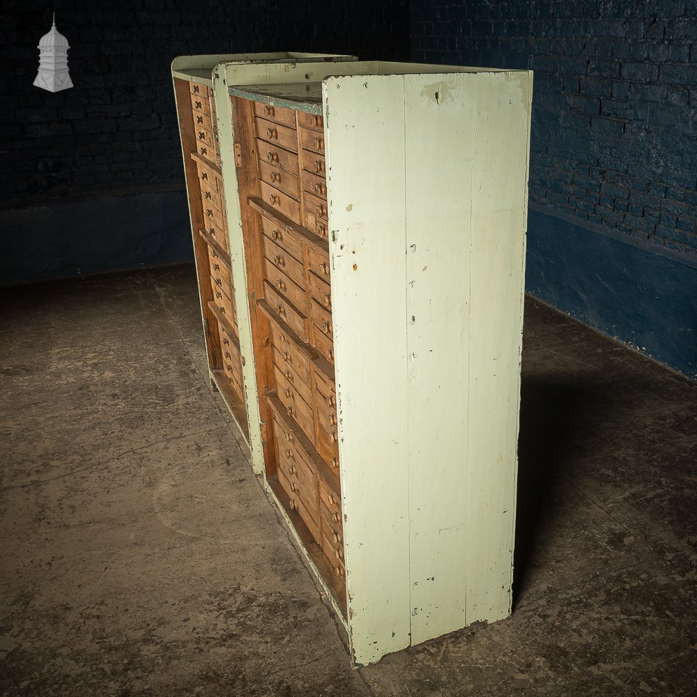 Pair of 19th C Pine Specimen Drawer Banks with Distressed Green Painted Finish