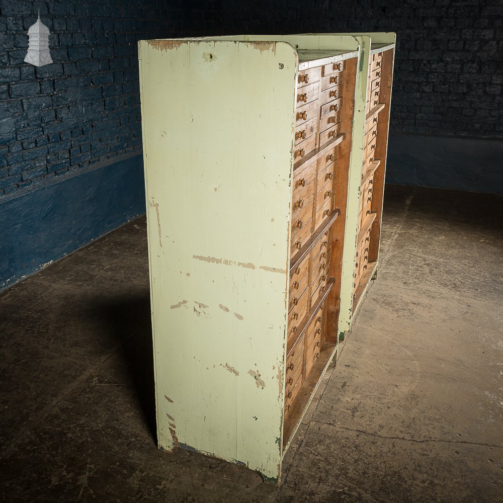 Pair of 19th C Pine Specimen Drawer Banks with Distressed Green Painted Finish