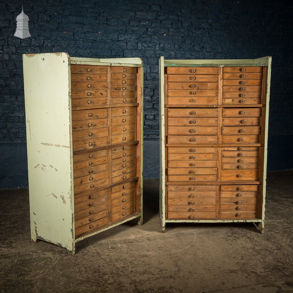 Pair of 19th C Pine Specimen Drawer Banks with Distressed Green Painted Finish