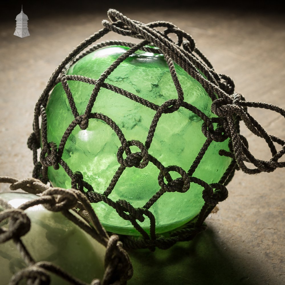 Set of Three Green and White Glass and Rope Fishing Floats