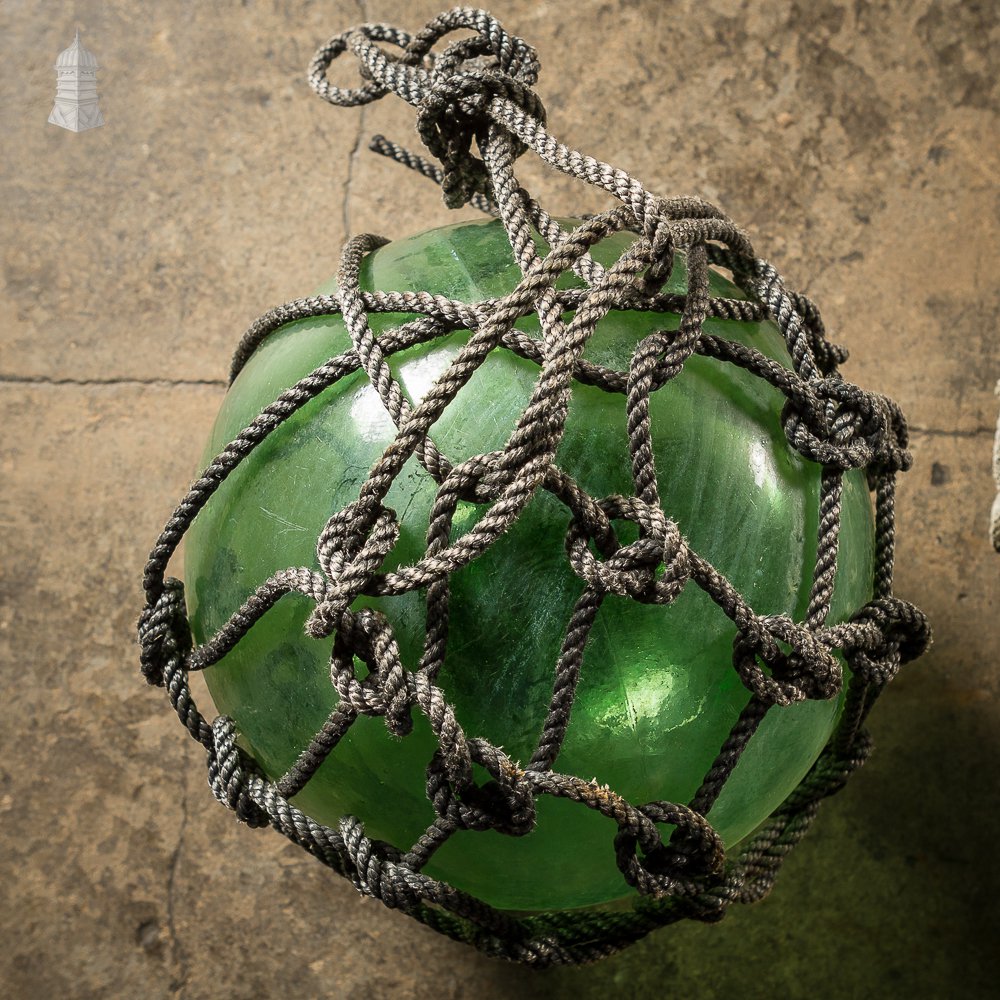 Set of Three Green and White Glass and Rope Fishing Floats