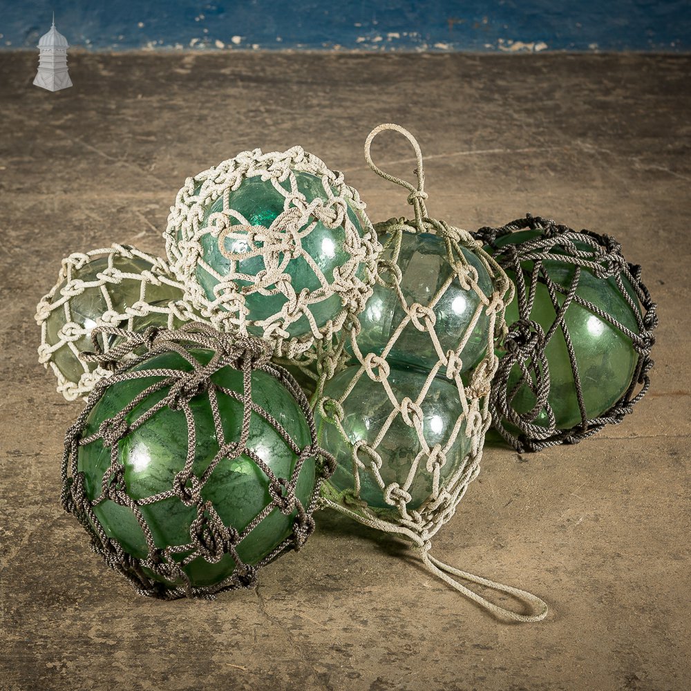 Set of Three Green and White Glass and Rope Fishing Floats