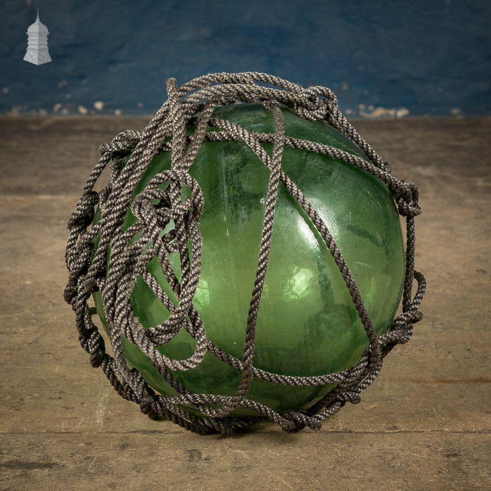 Set of Three Green and White Glass and Rope Fishing Floats