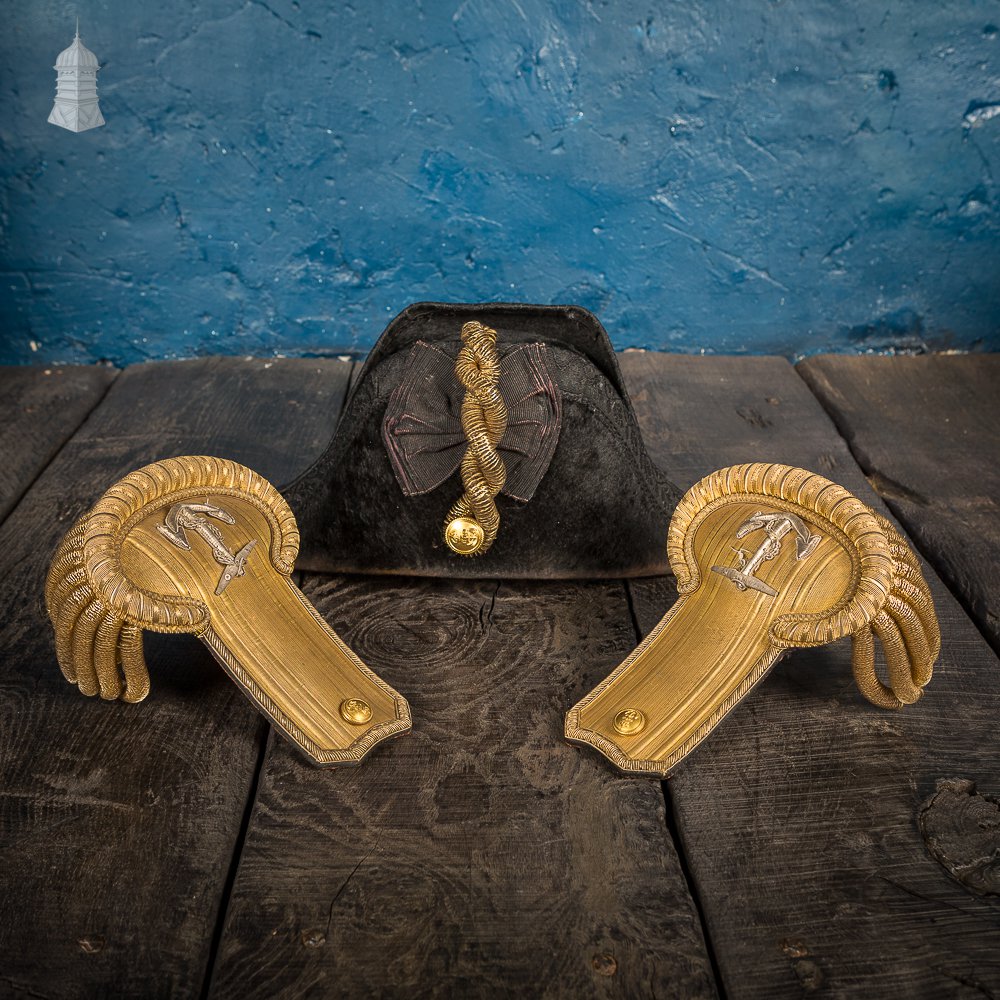 Royal Navy Bicorne Hat and Gold Fringed Epaulette’s In Metal Box - A.H Norman RN