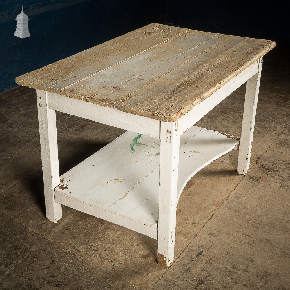 Small Rustic 18th C Pine Table with Distressed White Paint Finish