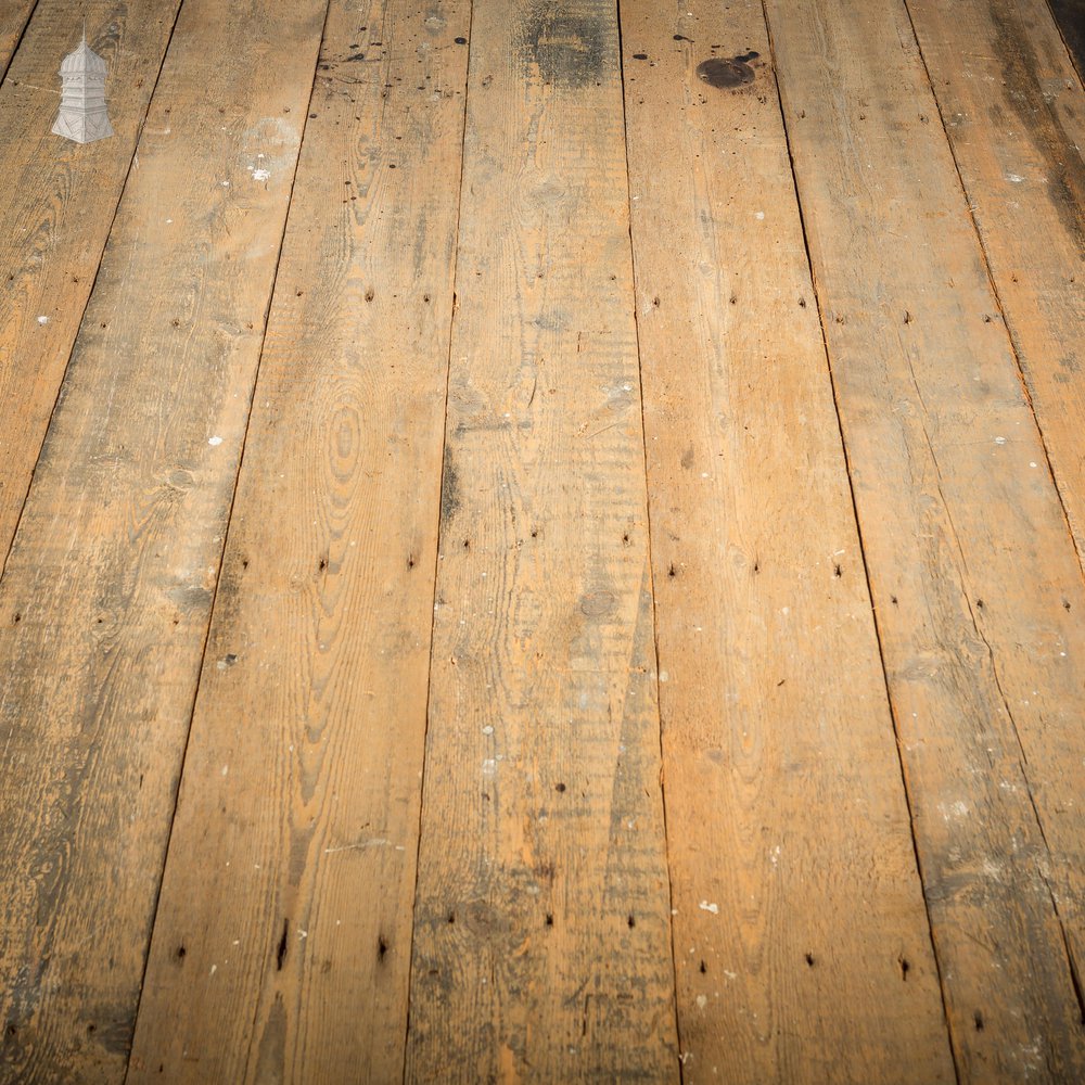 Batch of 45 Square Metres of Long Oxidised Face Pine Floorboards with Planned Backs Cut From Reclaimed Timbers