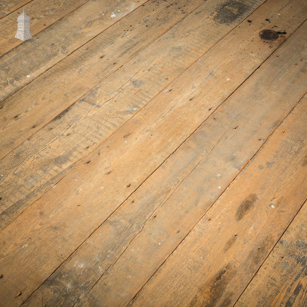 Batch of 45 Square Metres of Long Oxidised Face Pine Floorboards with Planned Backs Cut From Reclaimed Timbers