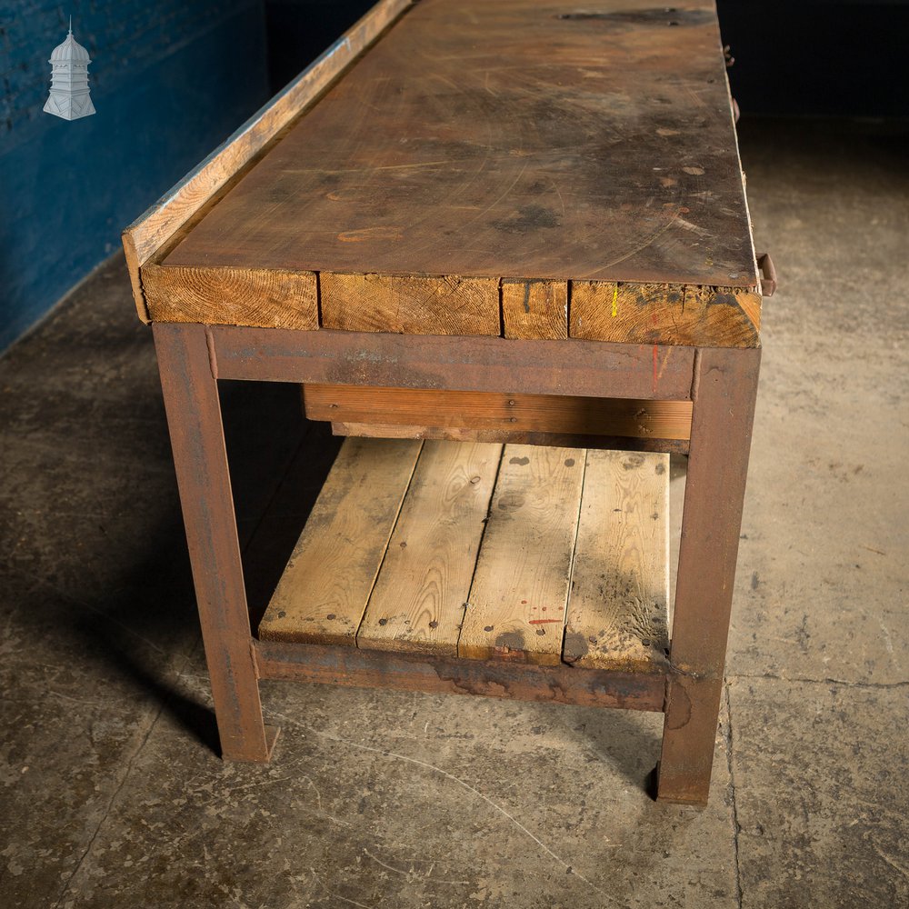 Large Vintage Steel and Timber Industrial Workshop Bench with 2 Drawers