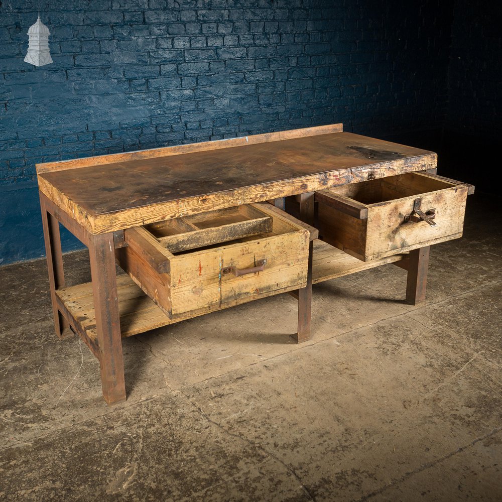 Large Vintage Steel and Timber Industrial Workshop Bench with 2 Drawers