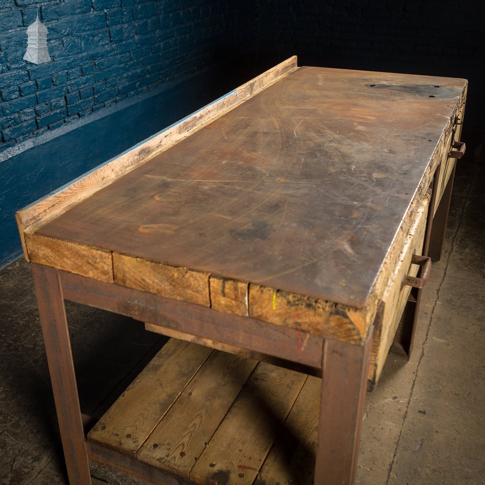 Large Vintage Steel and Timber Industrial Workshop Bench with 2 Drawers