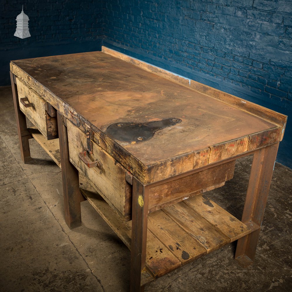 Large Vintage Steel and Timber Industrial Workshop Bench with 2 Drawers