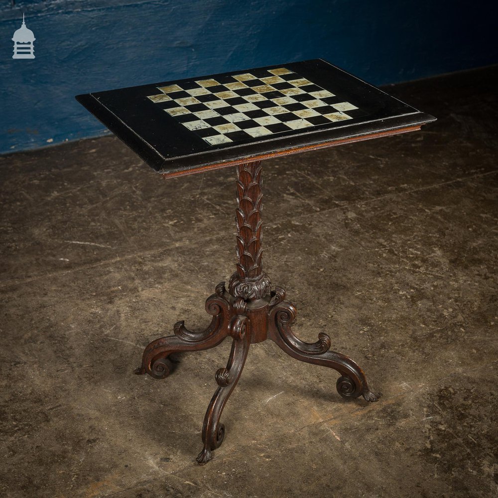 Ornate 18th C Tripod Base with Later Slate Hand Painted Chess Table Top