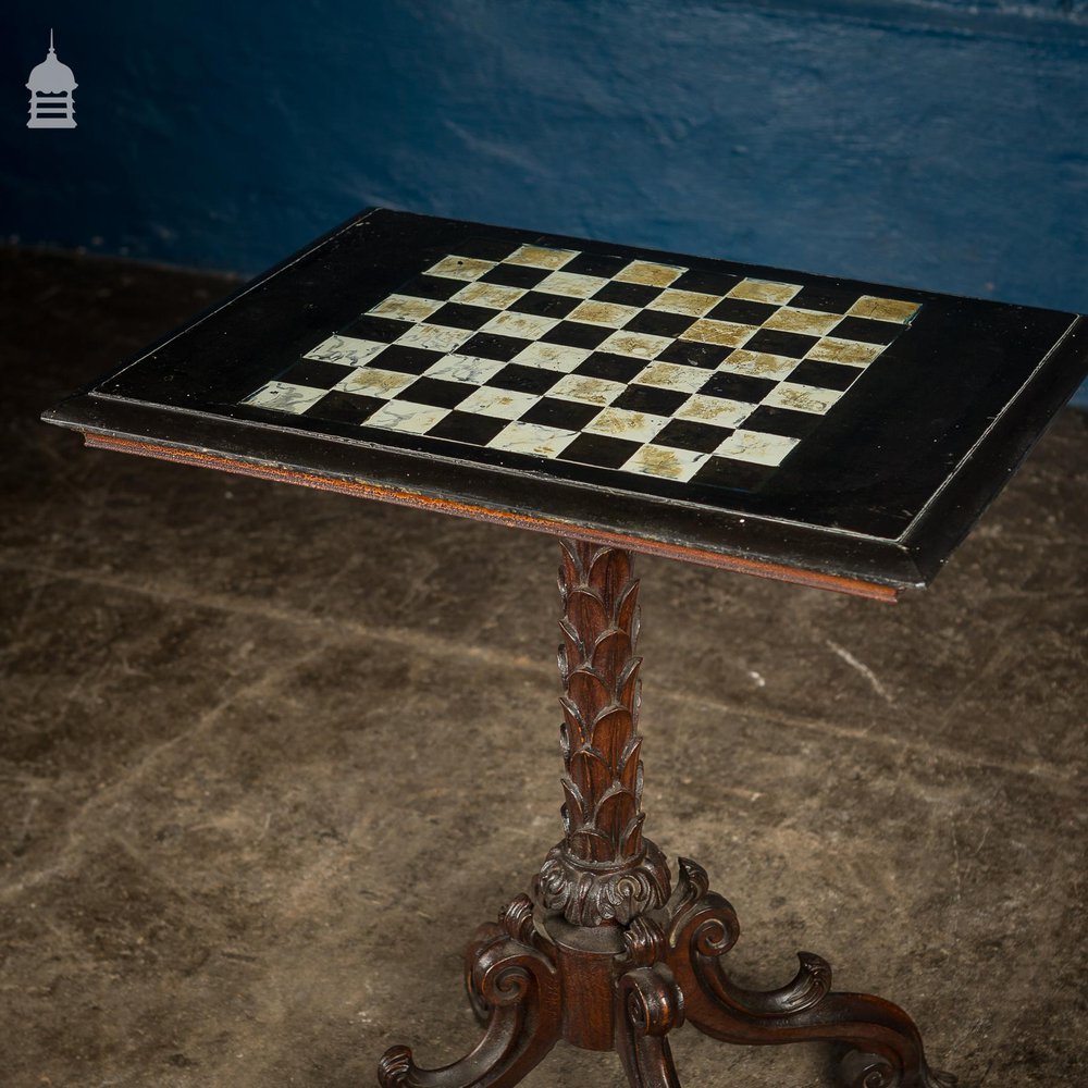 Ornate 18th C Tripod Base with Later Slate Hand Painted Chess Table Top