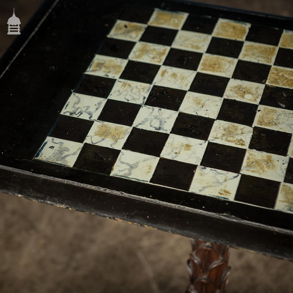 Ornate 18th C Tripod Base with Later Slate Hand Painted Chess Table Top