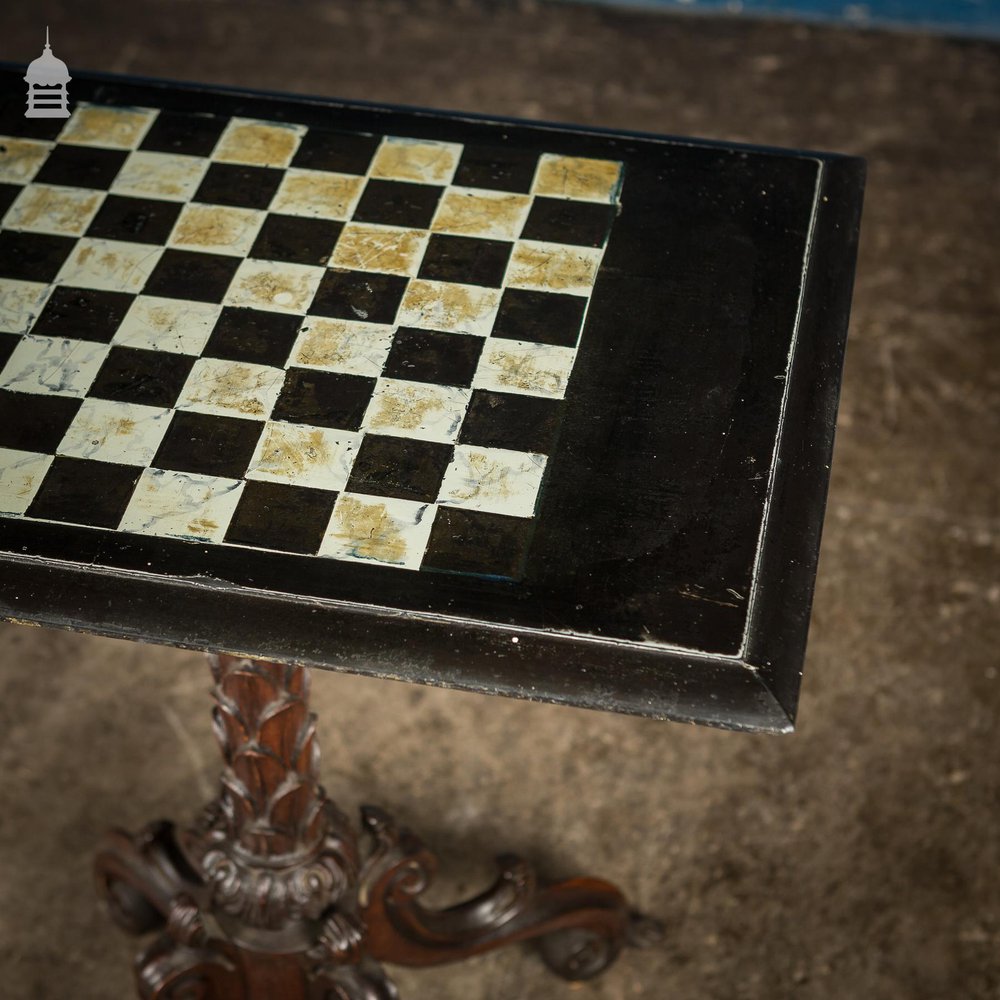 Ornate 18th C Tripod Base with Later Slate Hand Painted Chess Table Top