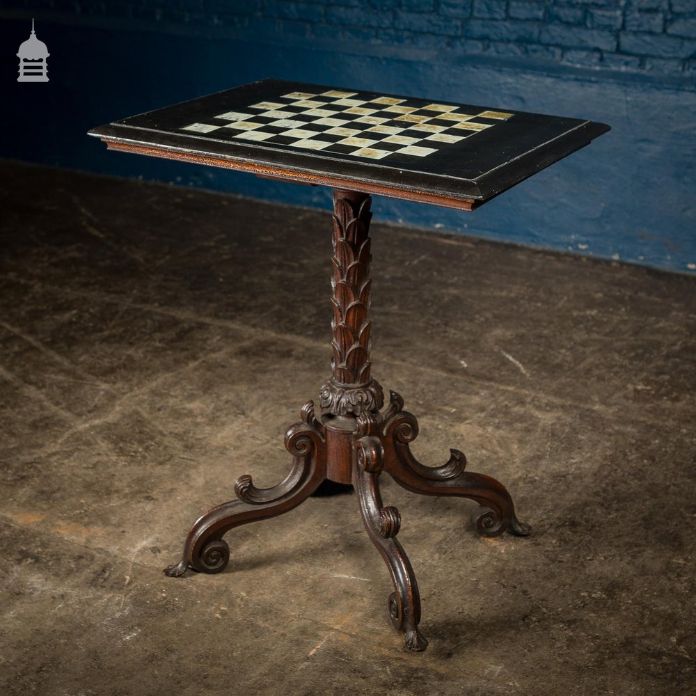 Ornate 18th C Tripod Base with Later Slate Hand Painted Chess Table Top