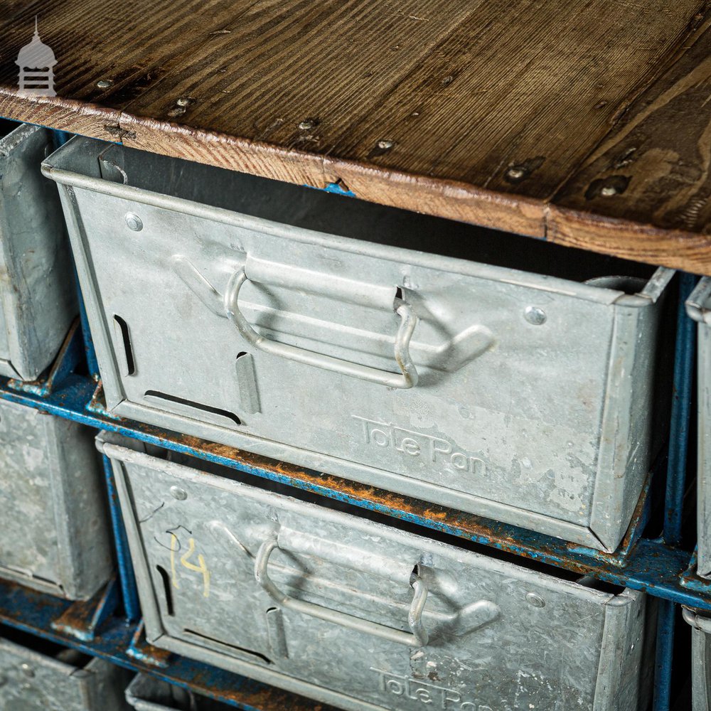 Blue Steel Industrial Workshop Trolley with Bank of 20 Metal Tote Pan Drawers