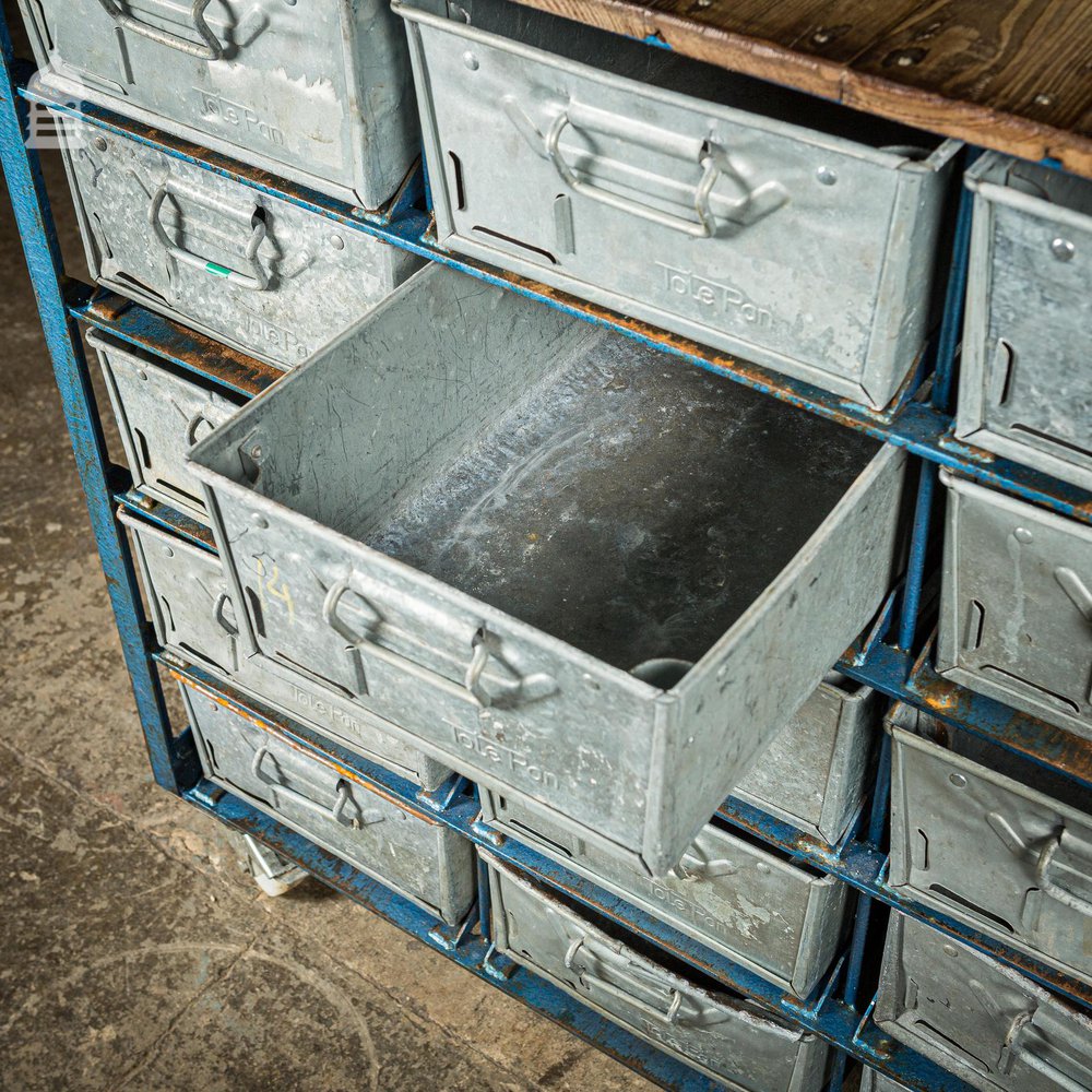 Blue Steel Industrial Workshop Trolley with Bank of 20 Metal Tote Pan Drawers