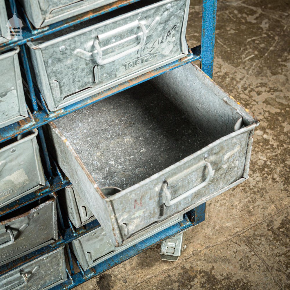 Blue Steel Industrial Workshop Trolley with Bank of 20 Metal Tote Pan Drawers