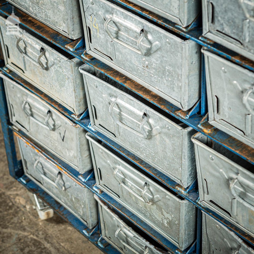 Blue Steel Industrial Workshop Trolley with Bank of 20 Metal Tote Pan Drawers