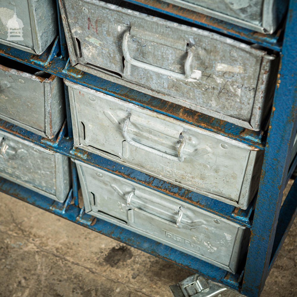 Blue Steel Industrial Workshop Trolley with Bank of 20 Metal Tote Pan Drawers