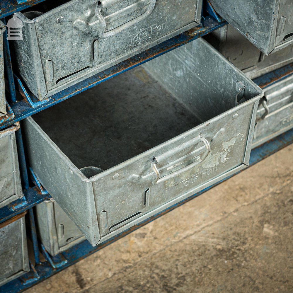 Blue Steel Industrial Workshop Trolley with Bank of 20 Metal Tote Pan Drawers