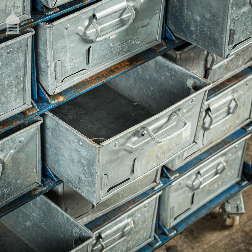 Blue Steel Industrial Workshop Trolley with Bank of 20 Metal Tote Pan Drawers