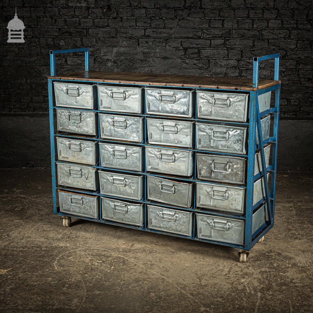 Blue Steel Industrial Workshop Trolley with Bank of 20 Metal Tote Pan Drawers